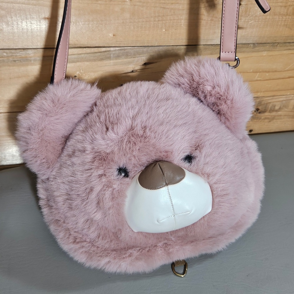 Pink Faux Fur Teddy Bear Crossbody Bag Novelty Plush Shoulder Purse
